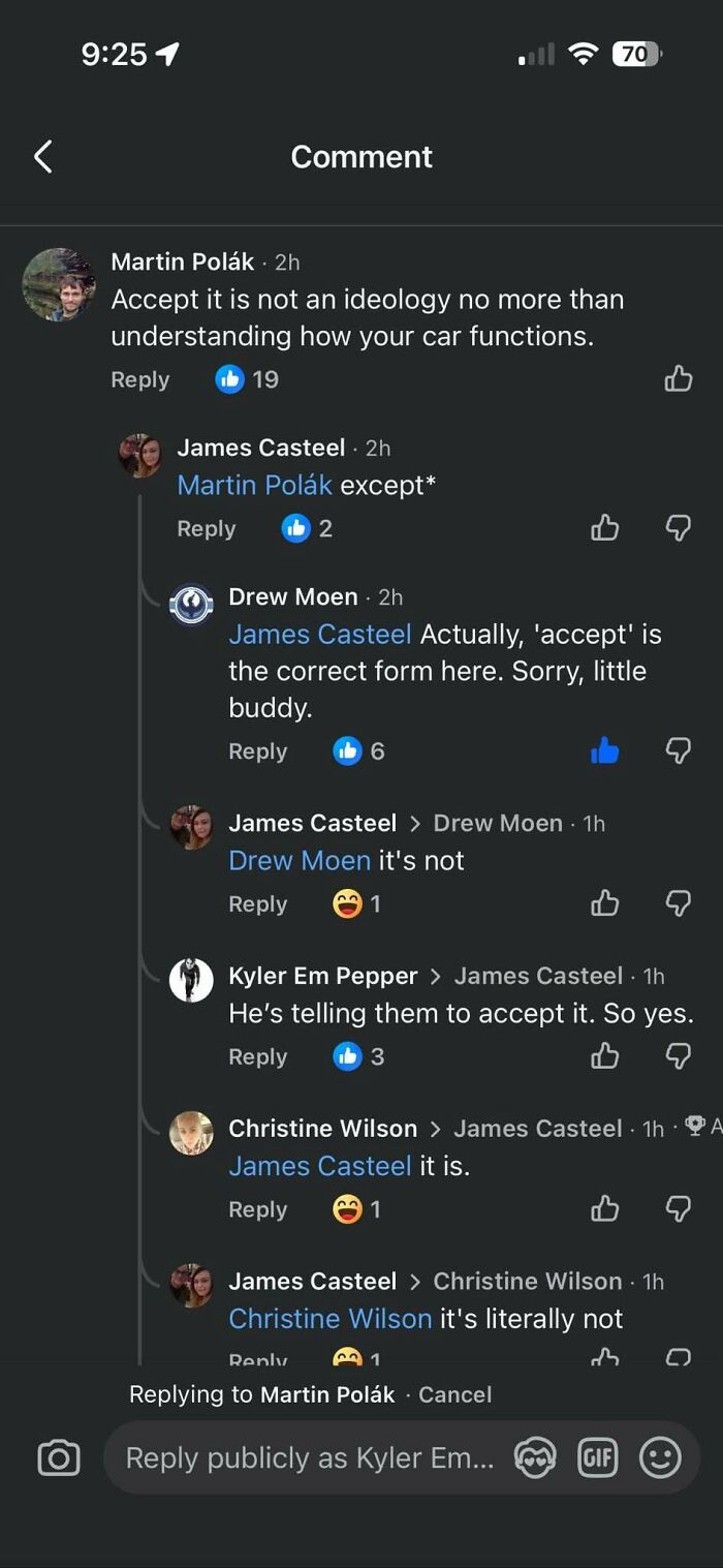A grammar debate over accept versus except, showing people who corrected someone with total confidence