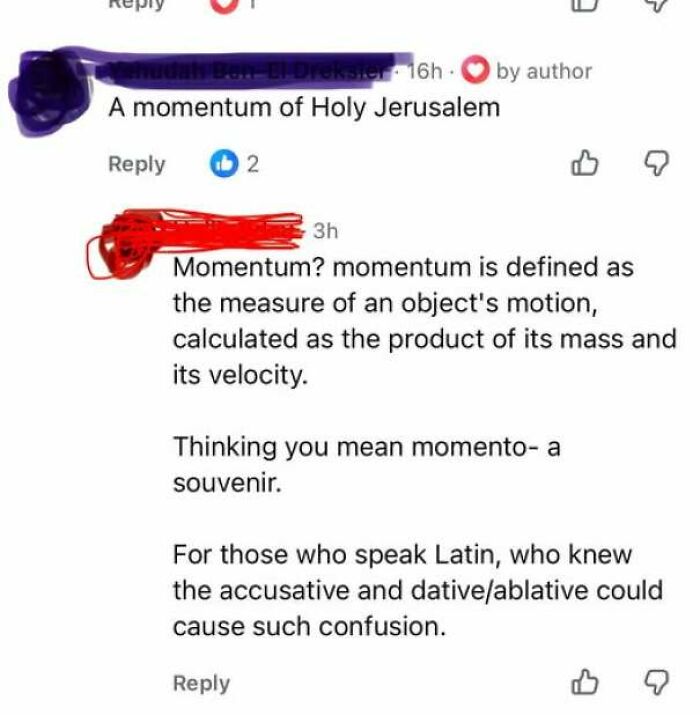 A comment debate about the word momentum, showing people who corrected someone with total confidence