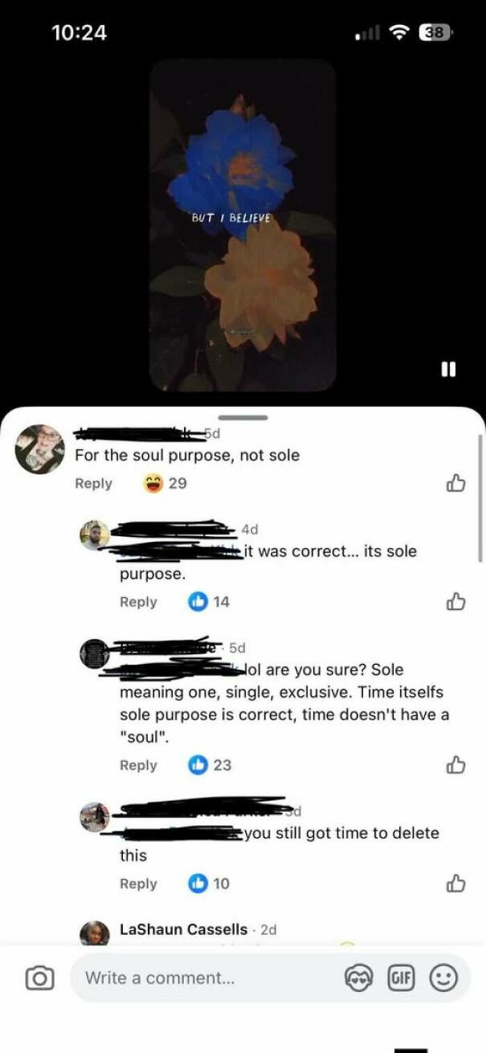 A comment thread of corrected spelling from soul to sole on social media.