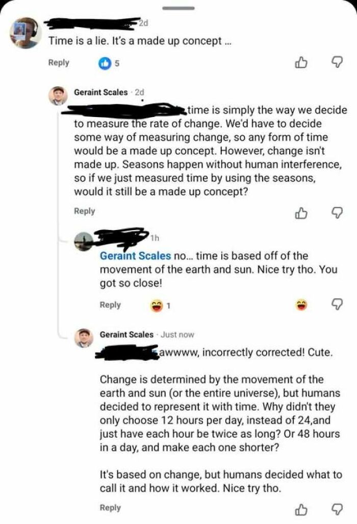 Social media comments showing someone who corrected someone with total confidence and got it wrong about time.