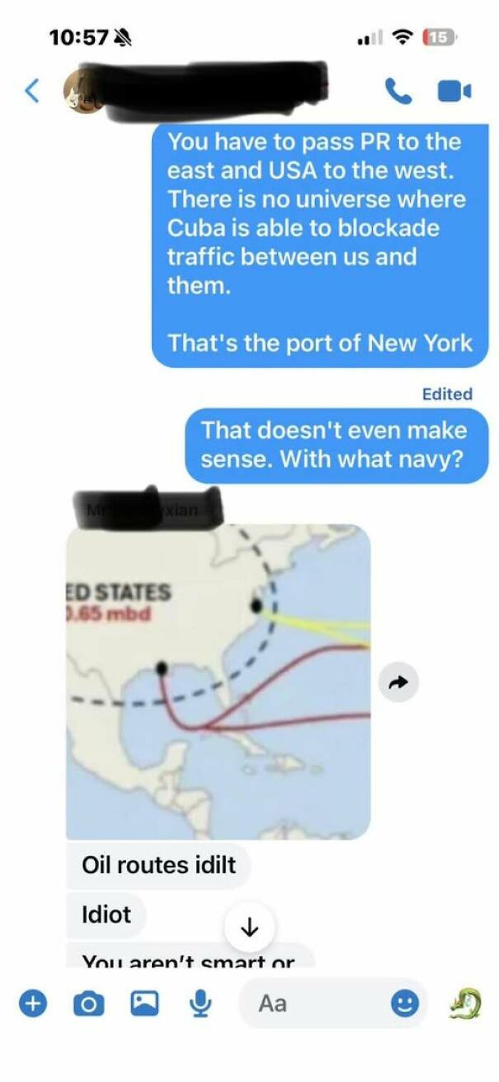 A messaging conversation about geographical shipping routes showing people who corrected someone with total confidence