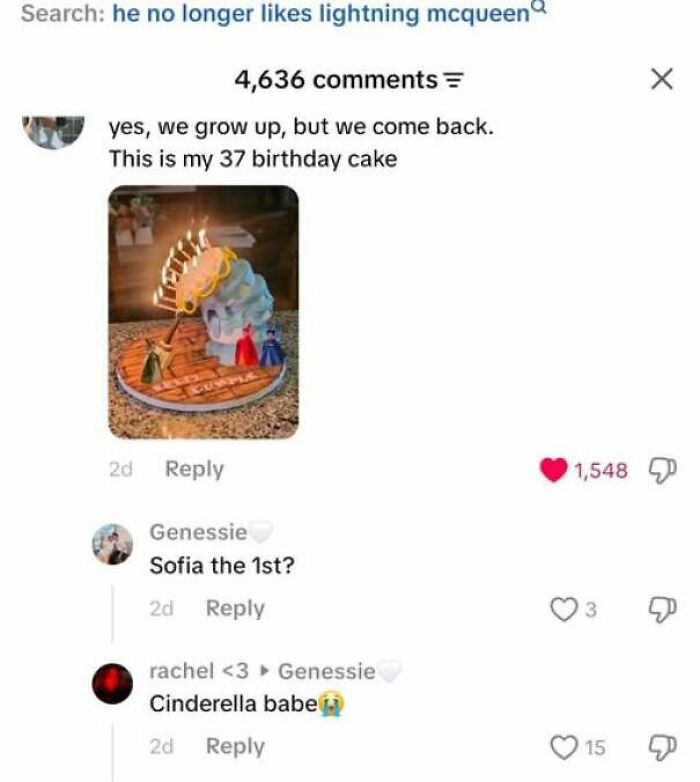 A comment thread about a Disney-themed birthday cake showing people who corrected someone with total confidence