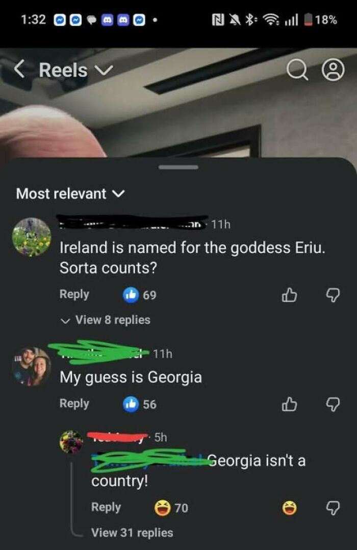 A comment section where a user confidently corrected someone by stating Georgia is not a country