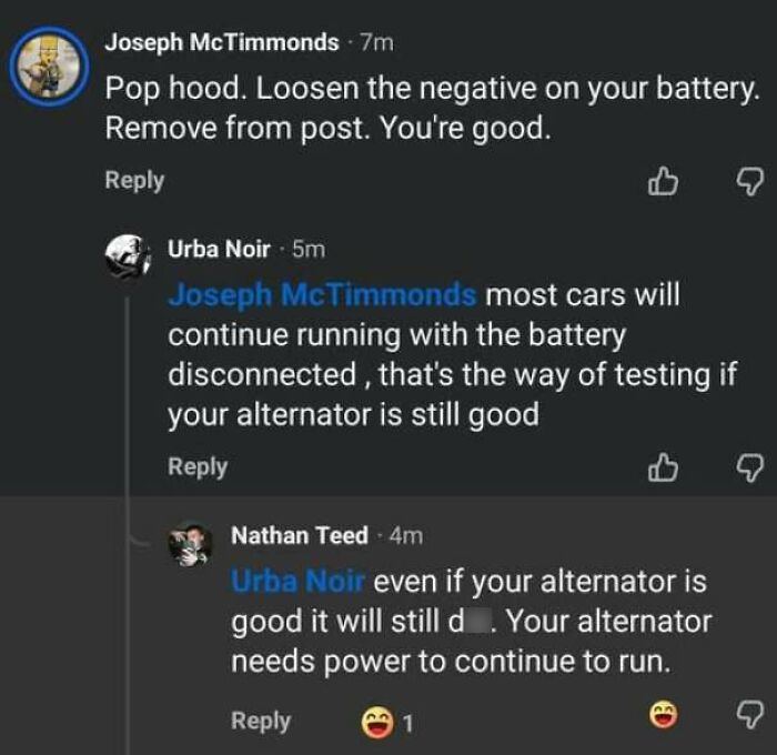 A comment thread on car alternators showing people who corrected someone with total confidence and got it wrong
