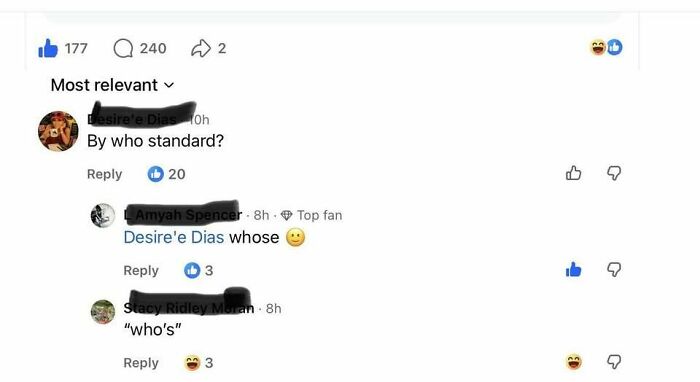 A comment thread where a user confidently corrected whose to who is in a grammatical discussion