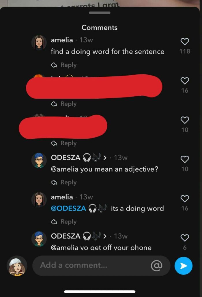 A social media comment section showing a user who confidently corrected a doing word to mean an adjective