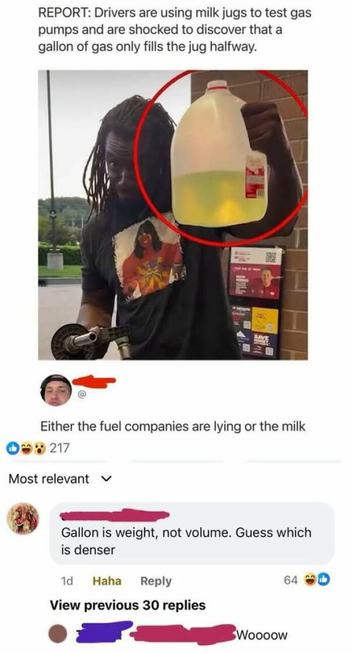 A comment thread on a photo of a milk jug with a user confidently corrected about gallon being weight