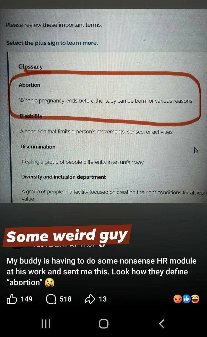 An HR module screenshot defining abortion where a social media user corrected someone with total confidence and got it wrong.