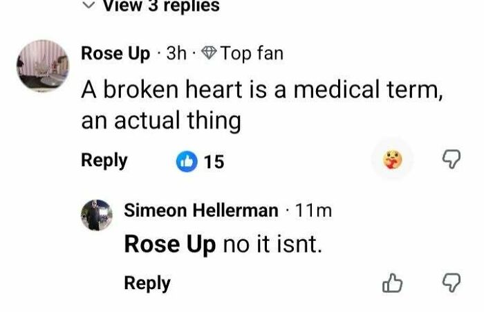 A social media exchange featuring people who corrected someone with total confidence and got it completely wrong about heart terms
