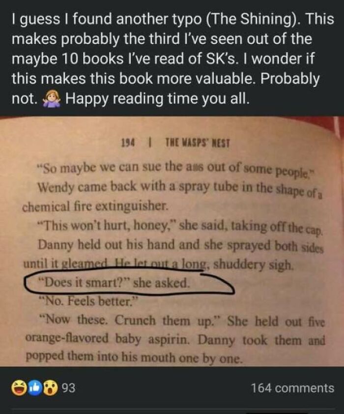 A book reader claiming a typo in Stephen King's The Shining, not knowing the definition of does it smart