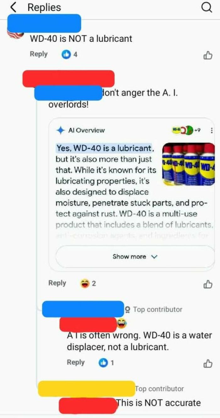 A social media comment confidently stating WD-40 is not a lubricant, correcting a correct AI result