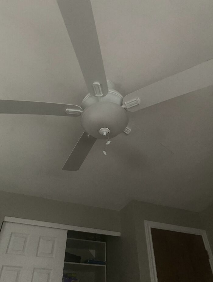 White ceiling fan showing accidental camouflage against a white ceiling