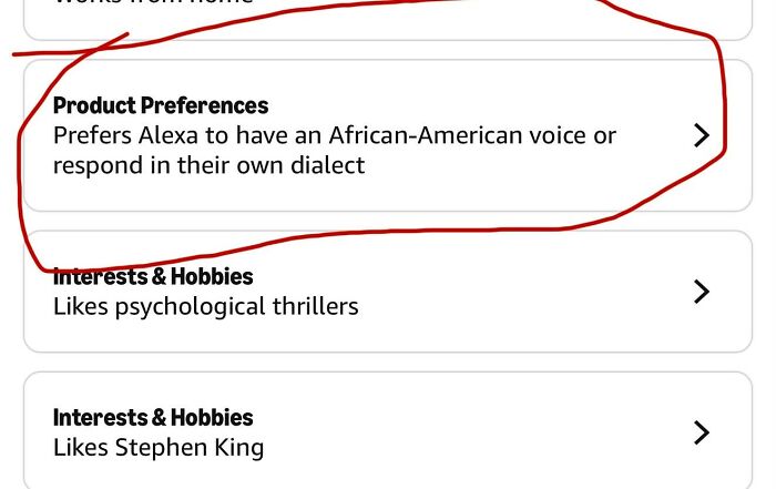 Product preferences showing Alexa with African-American voice or dialect preference