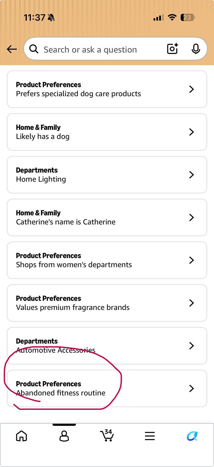 Amazon shopper product preferences show abandoned fitness routine highlighted