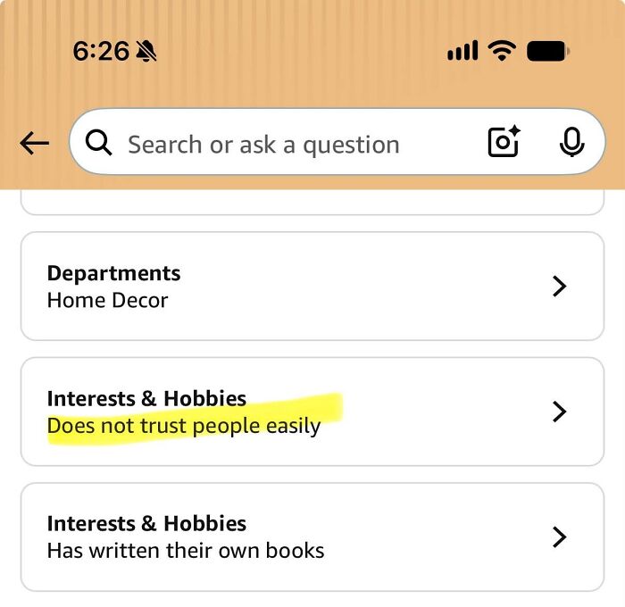 Amazon shoppers interest does not trust people easily highlighted