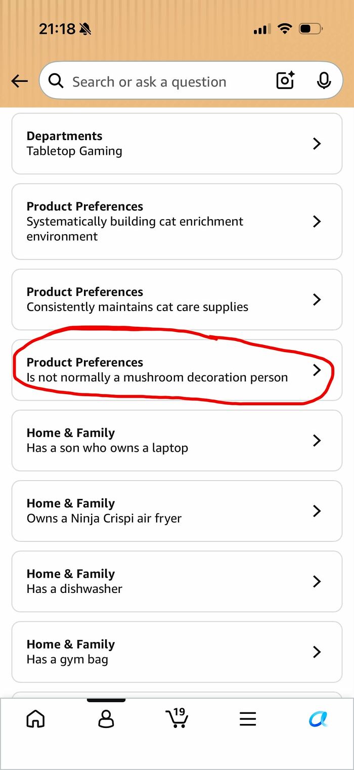Amazon shopper product preferences showing no mushroom decoration person observation
