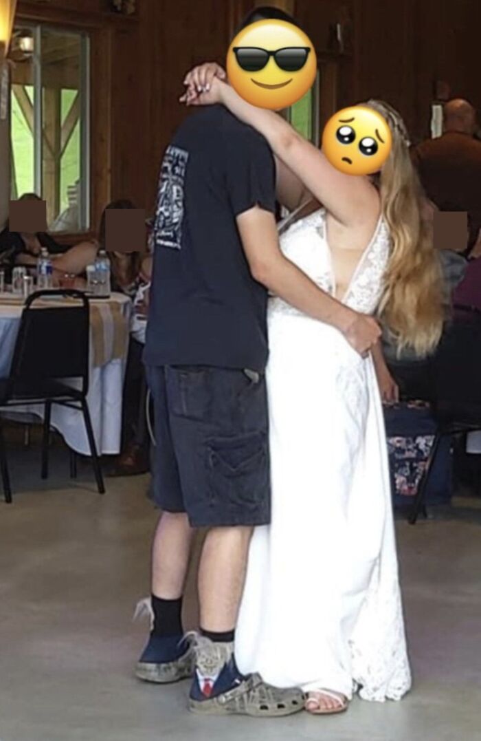 Groom wearing shorts and crocs during first dance, showing questionable wedding moments