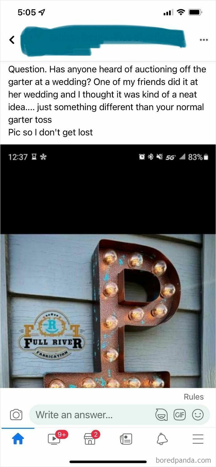 Social media post questioning the auctioning of a garter during questionable wedding moments.
