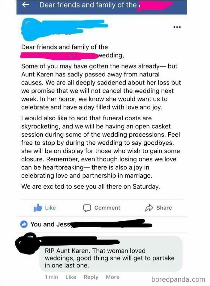 A Facebook post announcing a questionable wedding with an open casket for a recently deceased aunt.