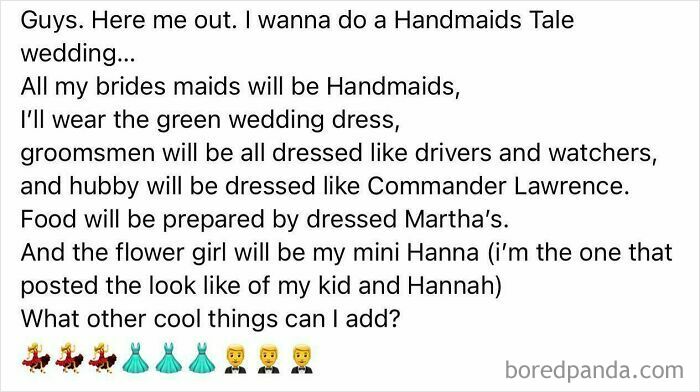 A social media post detailing ideas for a questionable Handmaids Tale wedding theme.