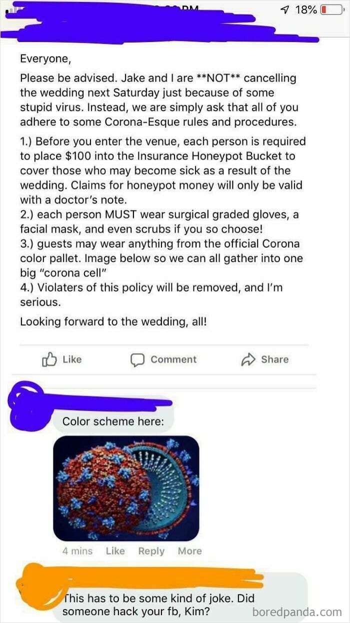 A social media post with bizarre rules for a ceremony, displaying questionable wedding moments.