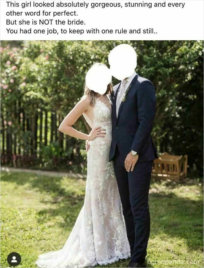 A guest wearing a wedding dress standing with a man in a suit, showing questionable wedding moments