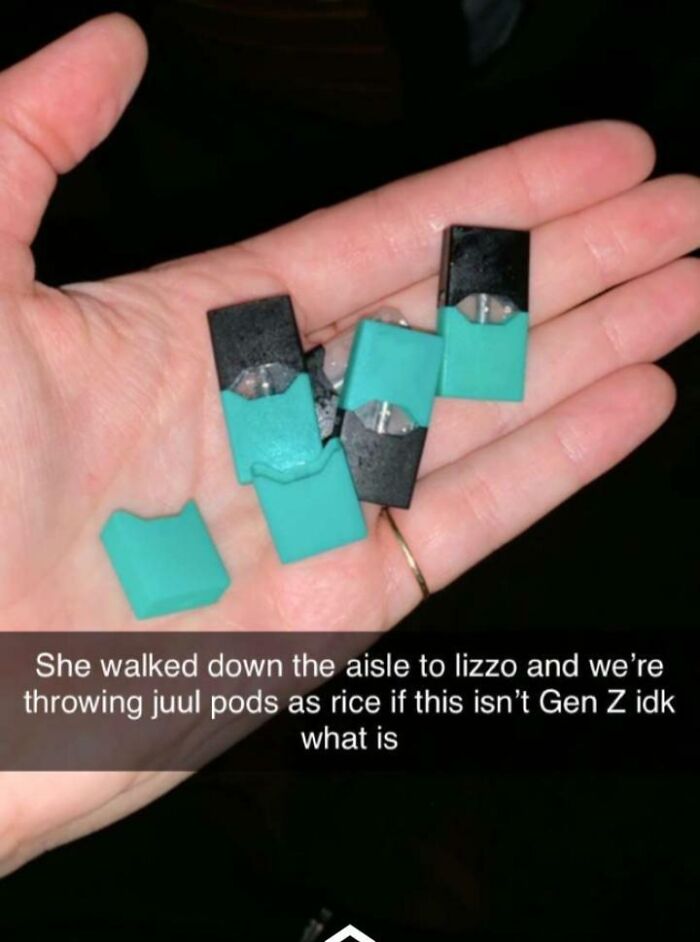 A hand holding several Juul pods to be thrown as rice during questionable wedding moments