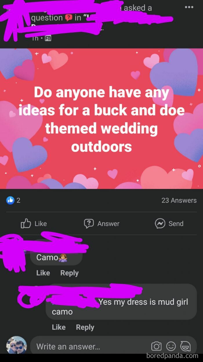 A social media post about a buck and doe themed wedding outdoors, showcasing funny wedding moments
