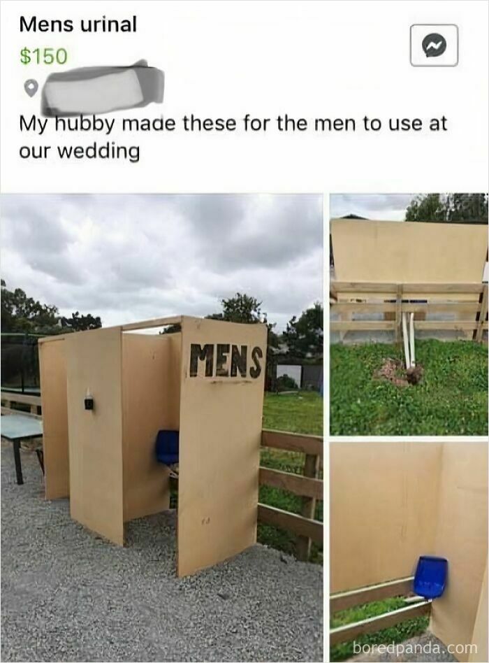 A crude DIY outdoor wooden mens urinal constructed for questionable wedding moments
