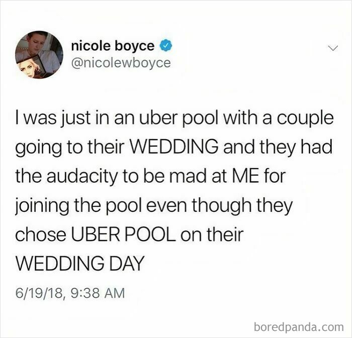 A funny tweet about a couple taking an Uber Pool on their wedding day, a questionable wedding choice