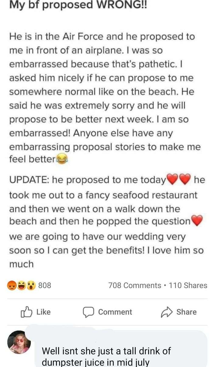 A Facebook post showing questionable wedding moments regarding a wrong proposal