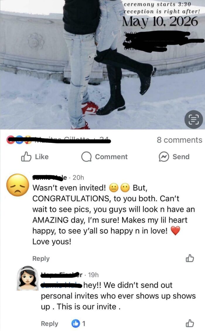 Social media post showing questionable wedding moments where the couple did not send out personal invites