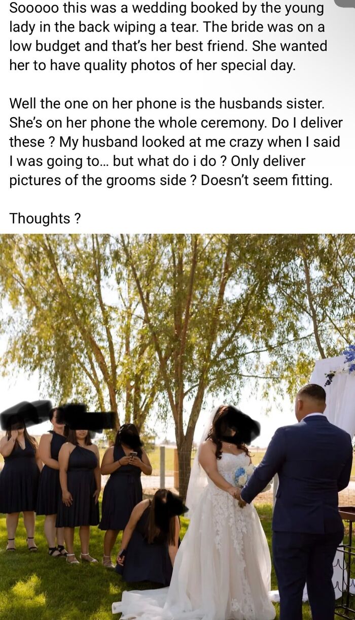 A bridesmaid on her phone during a ceremony, showcasing questionable wedding moments