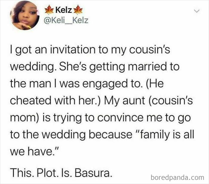 A tweet about a dramatic family situation, illustrating questionable wedding moments.