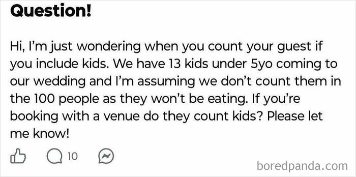 A social media post about questionable wedding moments where a host asks if children count as guests.