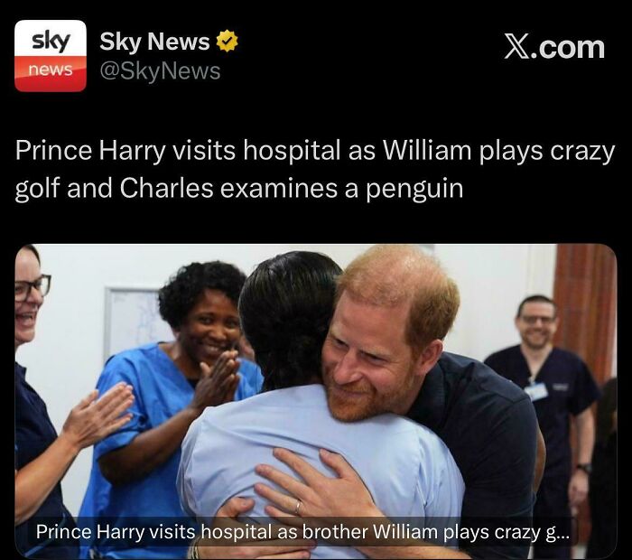 Social media news post showing Prince Harry hugging someone at a hospital with a hilarious caption