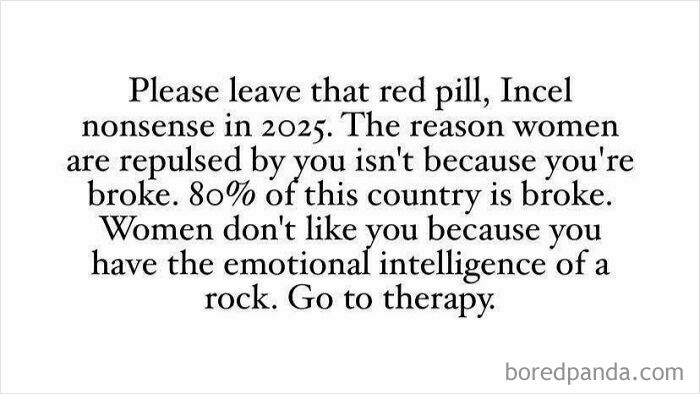 Text post addressing how women are viewed as people, critiquing incel behavior and emotional intelligence.
