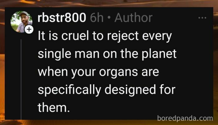 A social media comment about women being viewed as people, claiming their bodies are designed for men.
