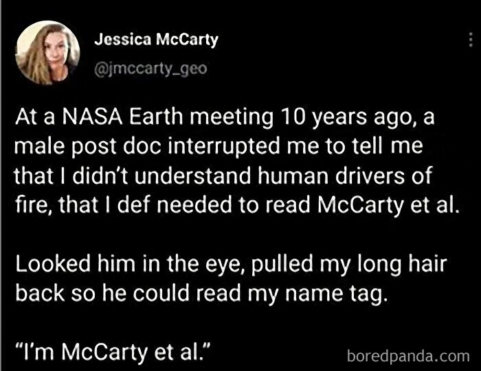 Tweet about a woman correcting a male colleague at a NASA meeting, representing women fighting for respect.
