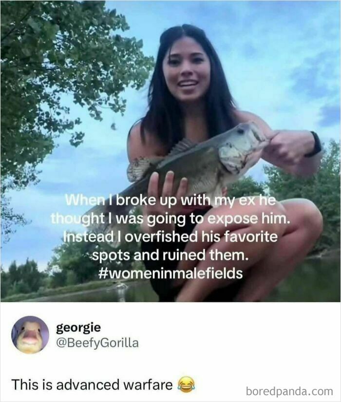A woman holding a big fish, representing women in male fields.