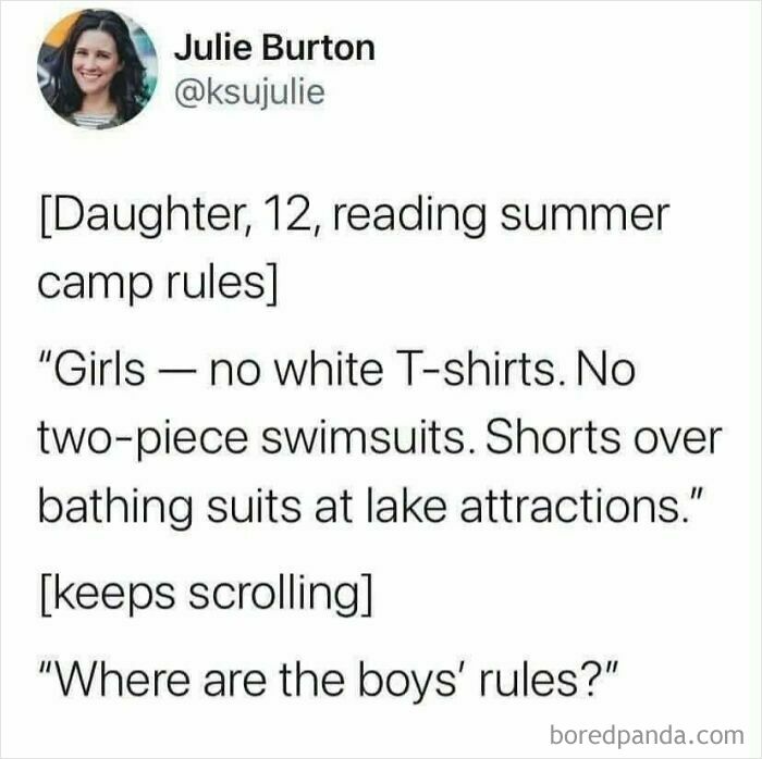 A social media post about camp rules depicting the double standards in how women are viewed as people.