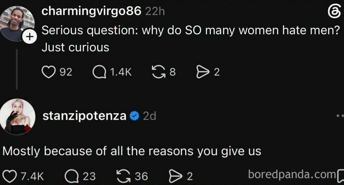 Social media interaction illustrating the dynamic of women fighting to be viewed as people.