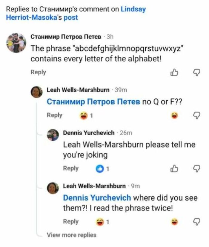 A social media comment thread where people corrected someone incorrectly about the alphabet