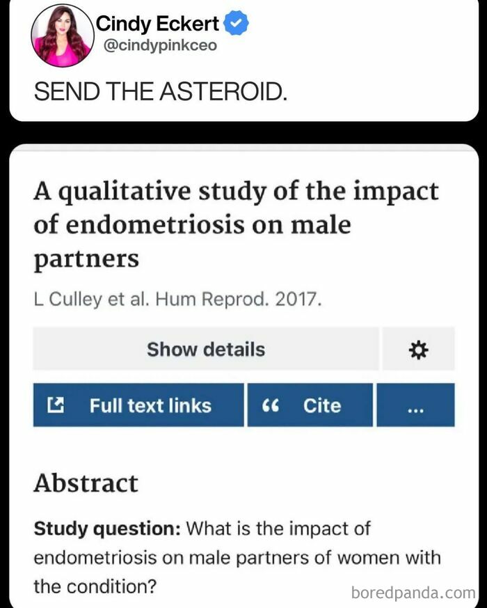 A Tweet criticizing a scientific study on endometriosis, highlighting how women are viewed as people.