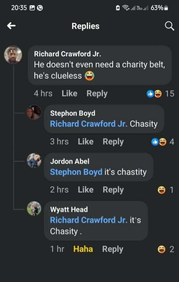Facebook comments where users try to correct the spelling of chastity belt incorrectly.