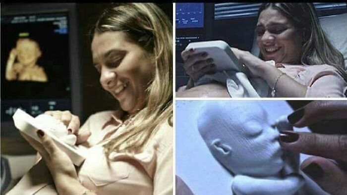 A blind mother smiling as she holds a 3D printer ultrasound model of her unborn baby