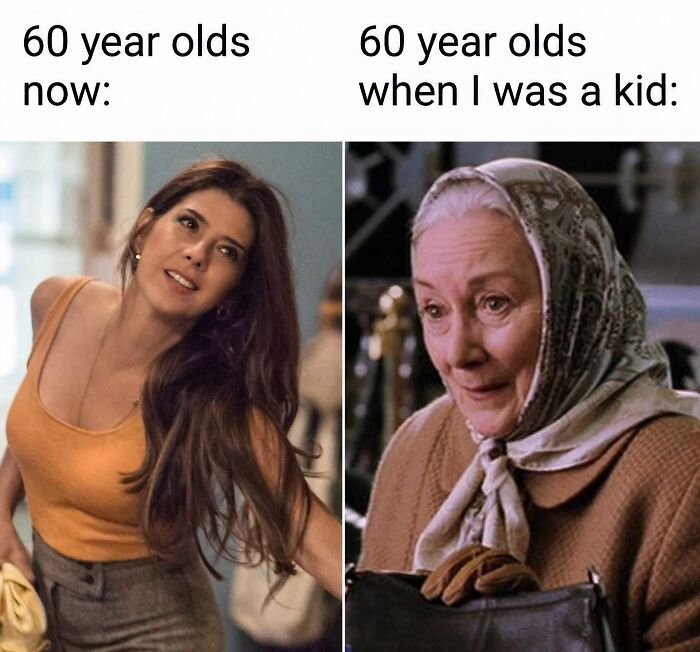 Side-by-side comparison of 60-year-olds now versus in the past, popular in edgy memes.