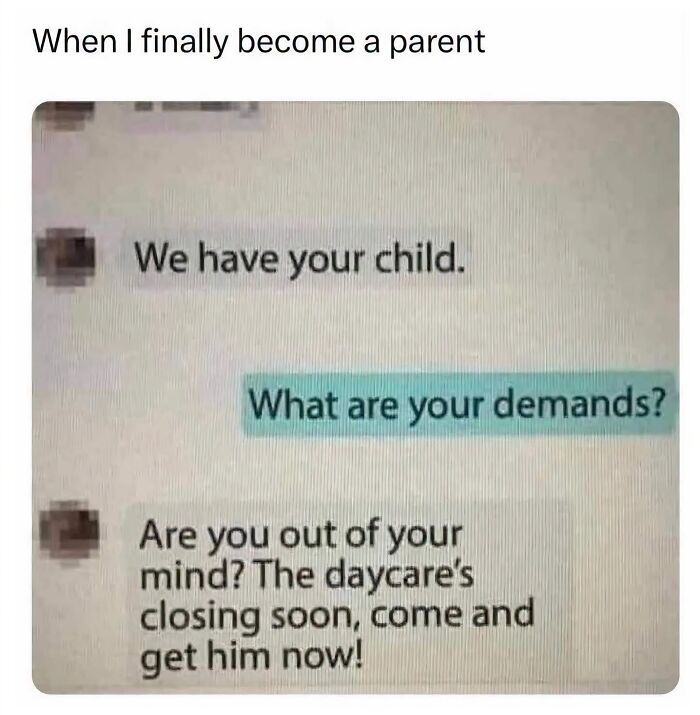 A hilarious text message conversation about a daycare closing, depicting edgy memes on family life.