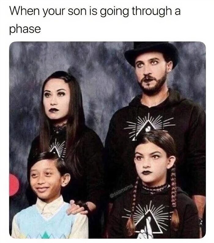 Goth family posing with one smiling son in a pastel sweater, showcasing edgy memes about family phases.