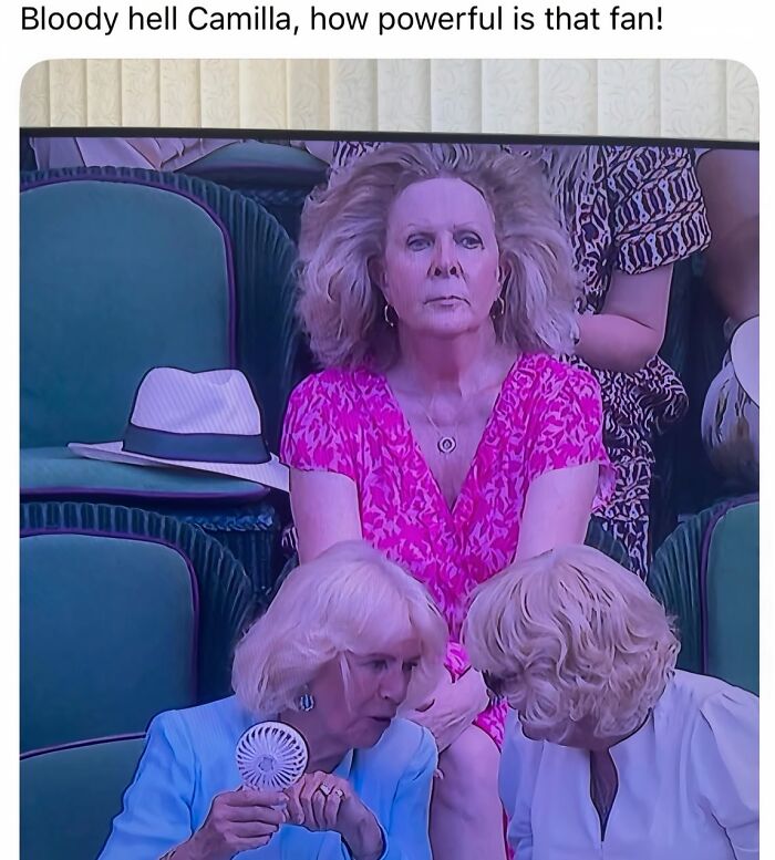 A funny picture of a woman with blown-back hair at an event, featured in edgy memes